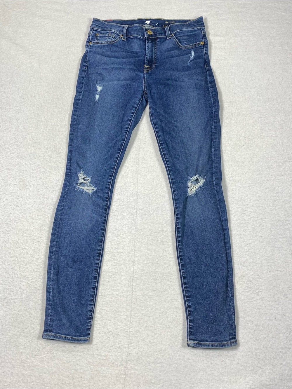 7 For All Mankind Ankle Skinny Jeans Women's 27 Blue Distressed Stretch Denim